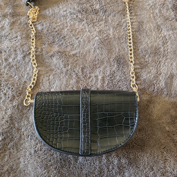 Halston Black Croc Embossed Faux Leather Crossbody Bag Gold Chain H Logo - Picture 5 of 14